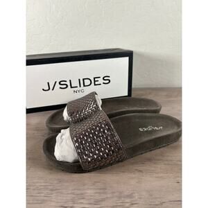 New! J Slides Naomi Pewter Metallic Leather Slides Sandals Soft footbed Size 7.5